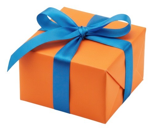 Orange wrapped present wrapped with a blue bow